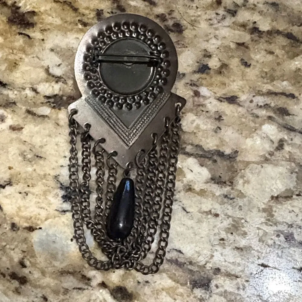 Artistic Black and Bronze Brooch with Chains